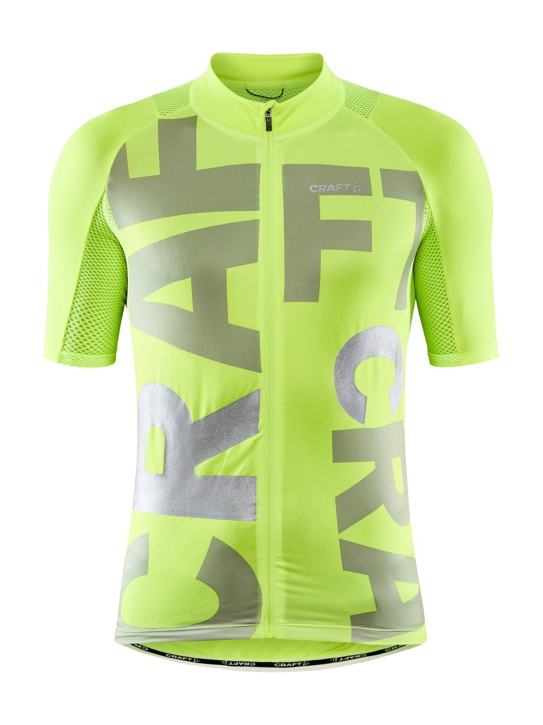 Bright green cycling jersey with 'Craft' branding on a white background