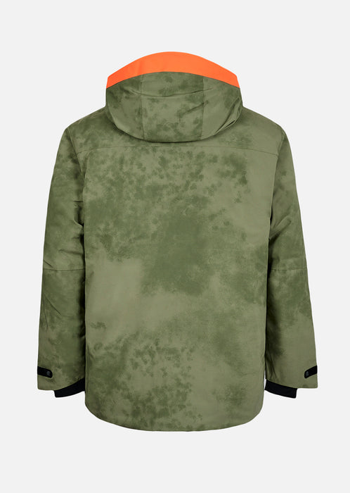 WATTS X-Wear Ski Jacket Olive Tie & Dye with 20K/20K Dupore-X™ waterproof membrane, insulated shell, helmet-compatible hood, and powder skirt. reverse