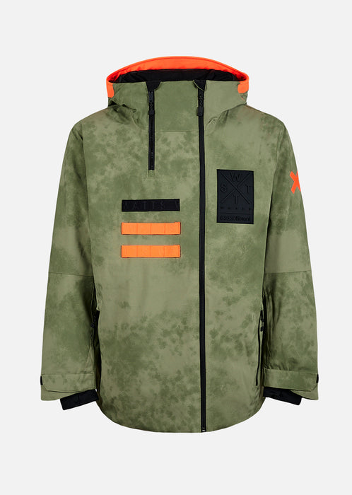 WATTS X-Wear Ski Jacket Olive Tie & Dye with 20K/20K Dupore-X™ waterproof membrane, insulated shell, helmet-compatible hood, and powder skirt.