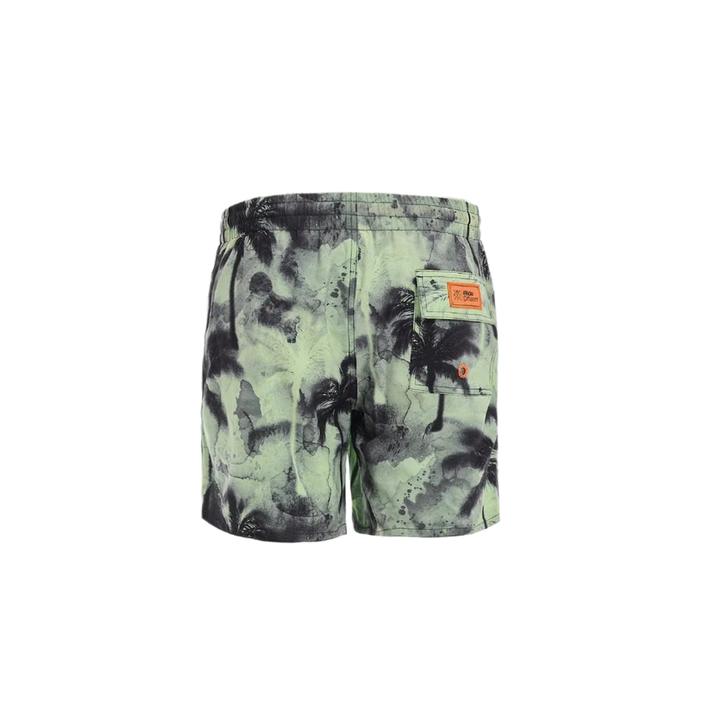 Tie-dye shorts with palm tree design on a white background