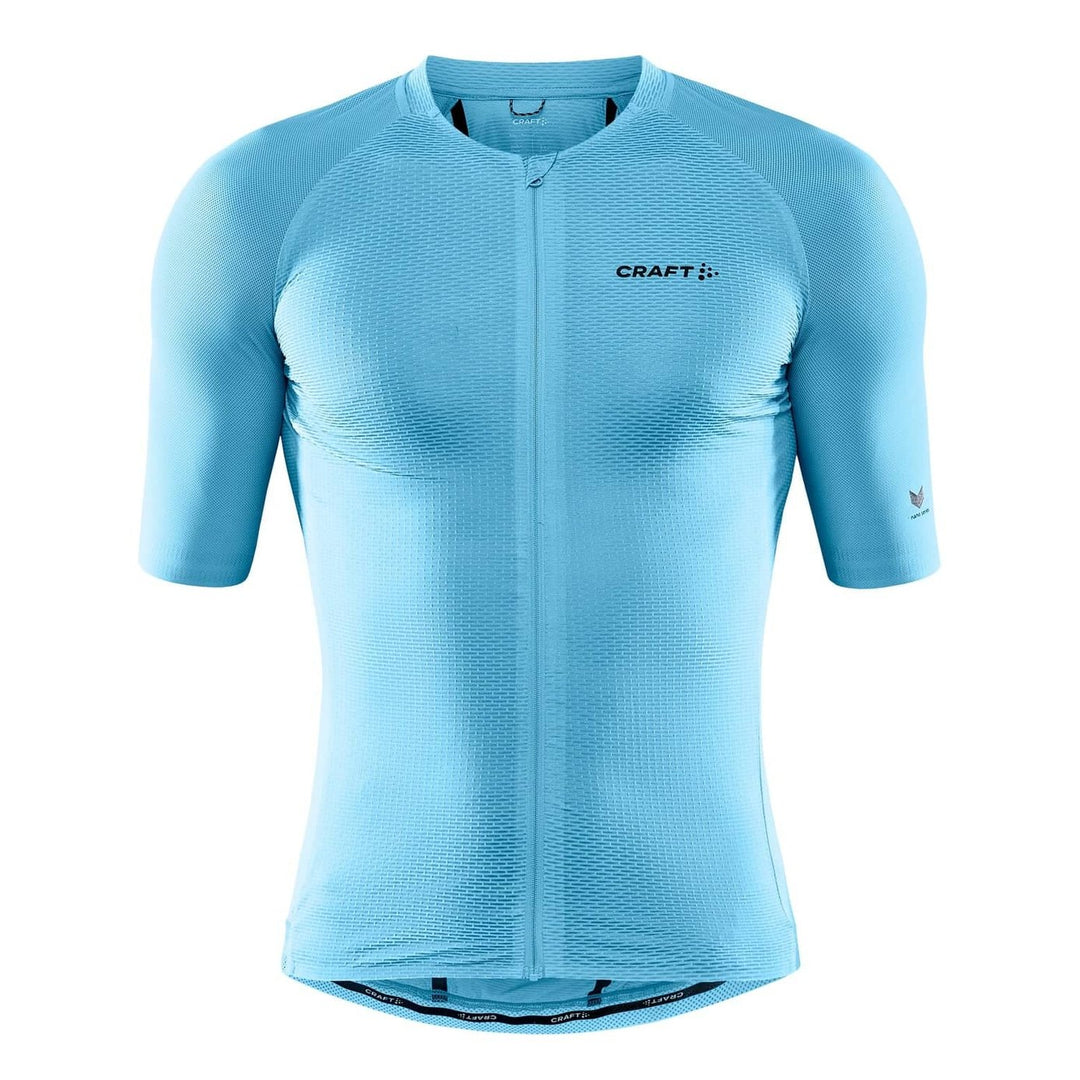 Blue cycling jersey with a brand logo on a white background