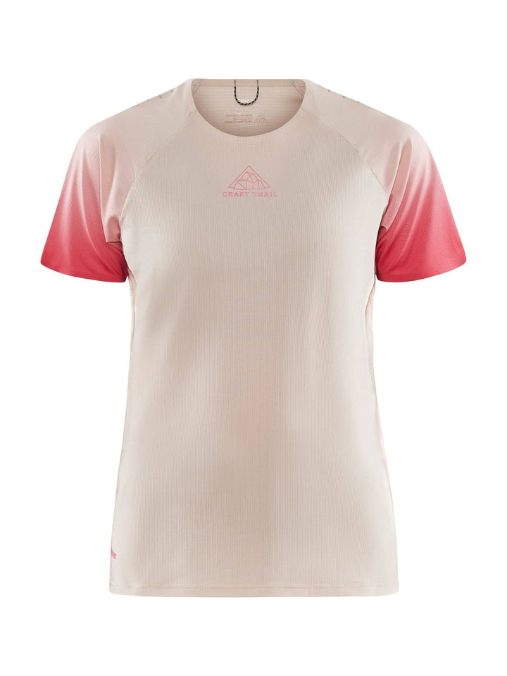 Craft Pro Trail SS Tee Women’s in Ecru Multi, lightweight breathable trail running shirt with moisture-wicking performance and athletic fit.