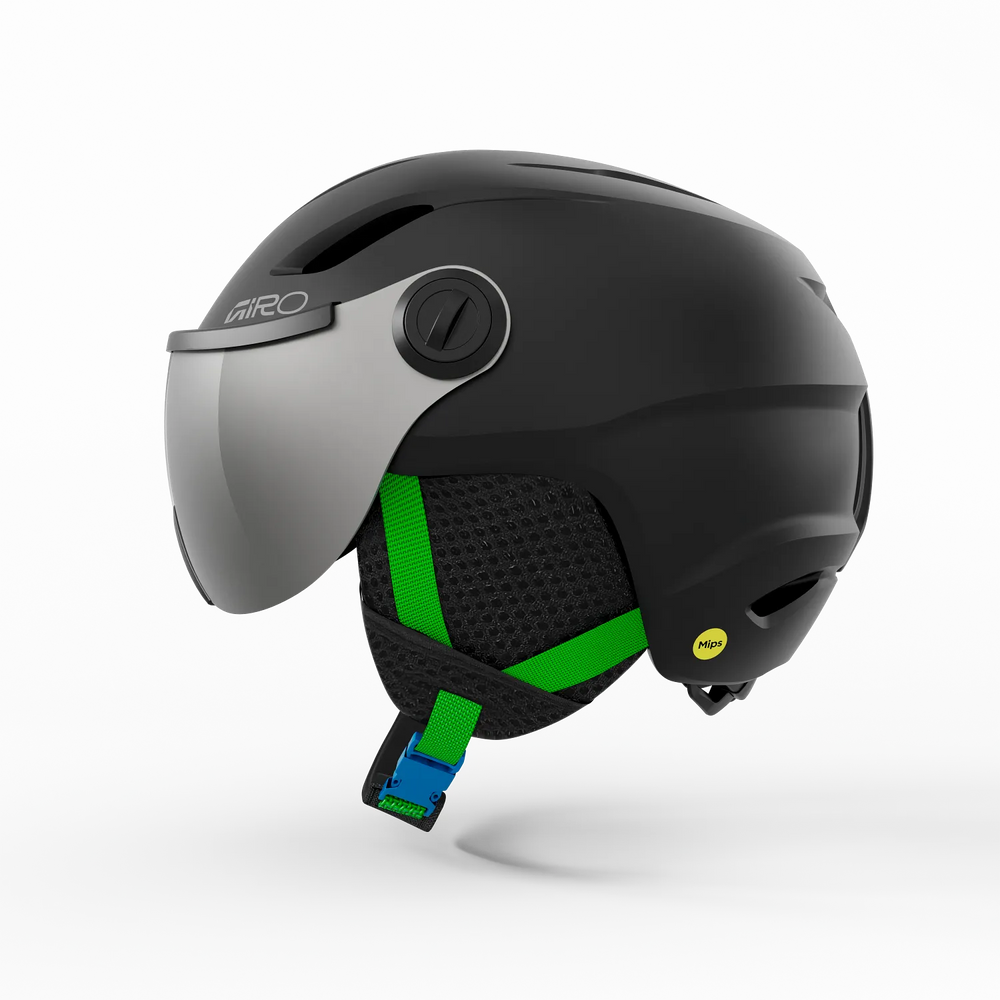 Black helmet with visor and green accents on a white background