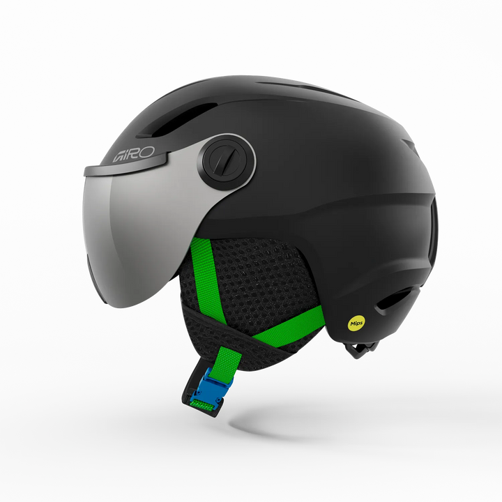 Black helmet with visor and green accents on a white background