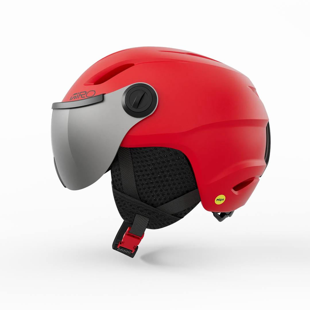 Red helmet with a visor on a white background