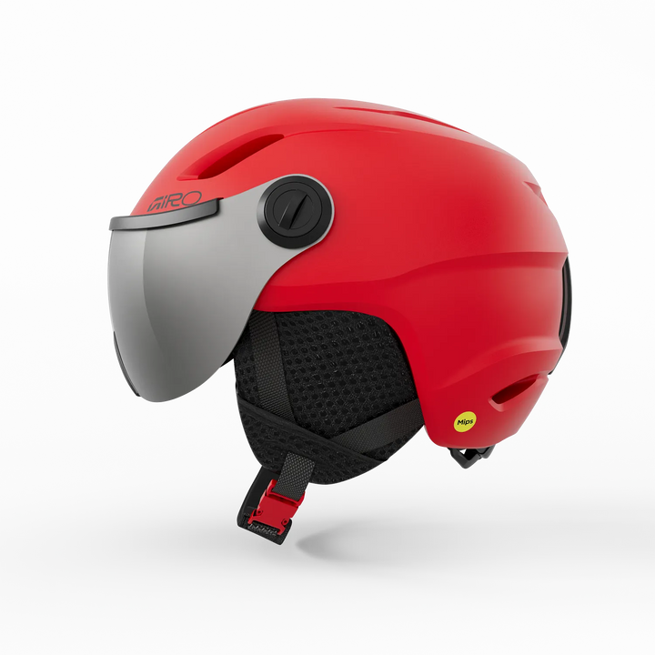 Red helmet with a visor on a white background