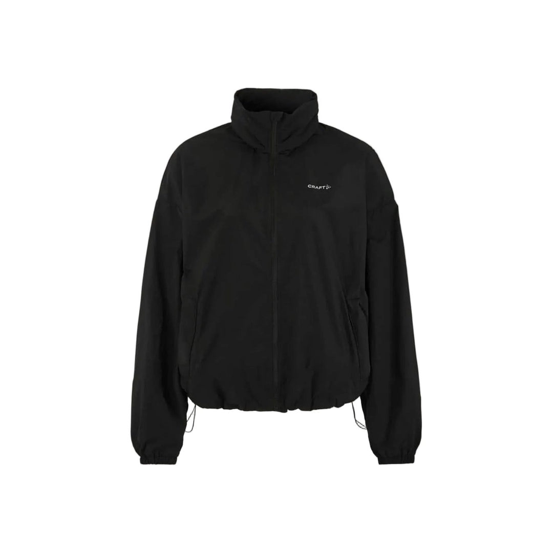 Black jacket with a brand logo on a beige background