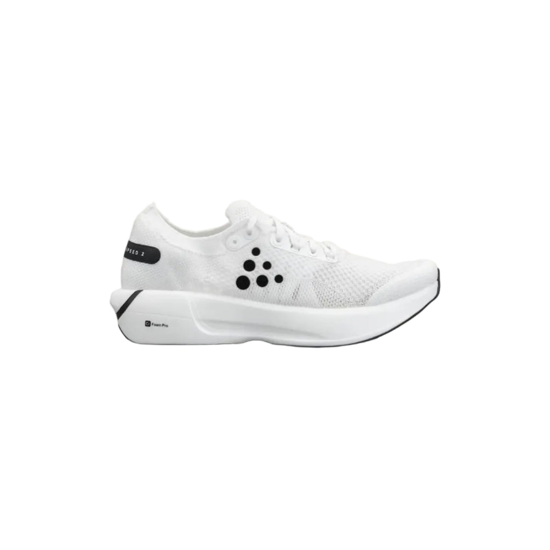 White running shoe with black accents on a light beige background