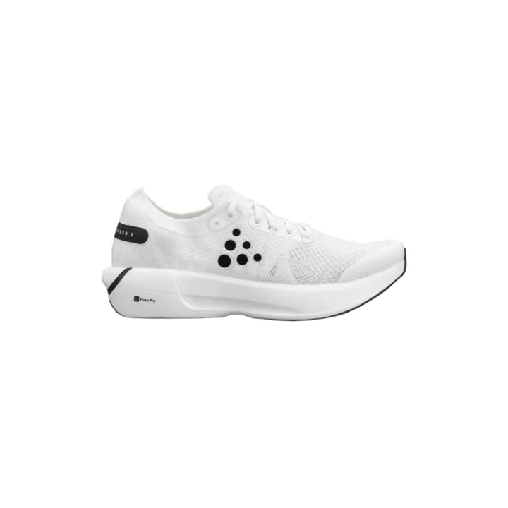 White running shoe with black accents on a light beige background