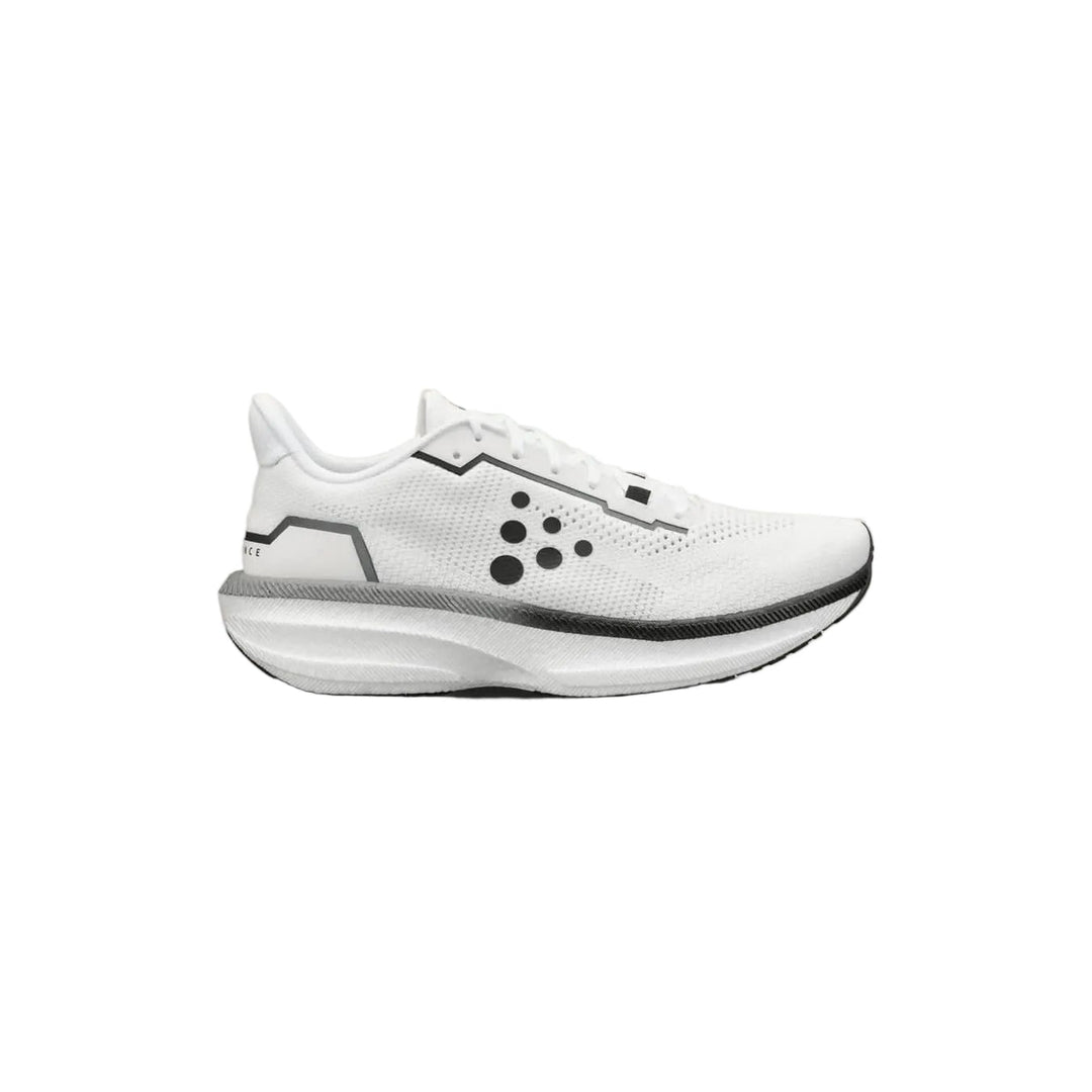 White running shoe with unique sole design on a beige background