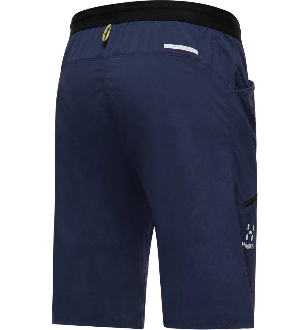 Navy blue shorts with a brand logo on a white background
