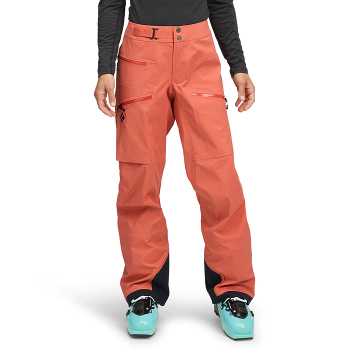 Black Diamond Women’s Recon LT Stretch Pants with BD.dry 3-layer waterproof membrane, four-way stretch fabric, side vents, and reinforced insteps on the model