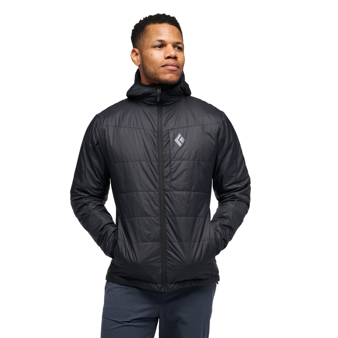 Black Diamond Men’s Solution 2.0 Hoody with lightweight synthetic insulation, stretch-woven outer fabric, insulated hood, and athletic performance fit. Black