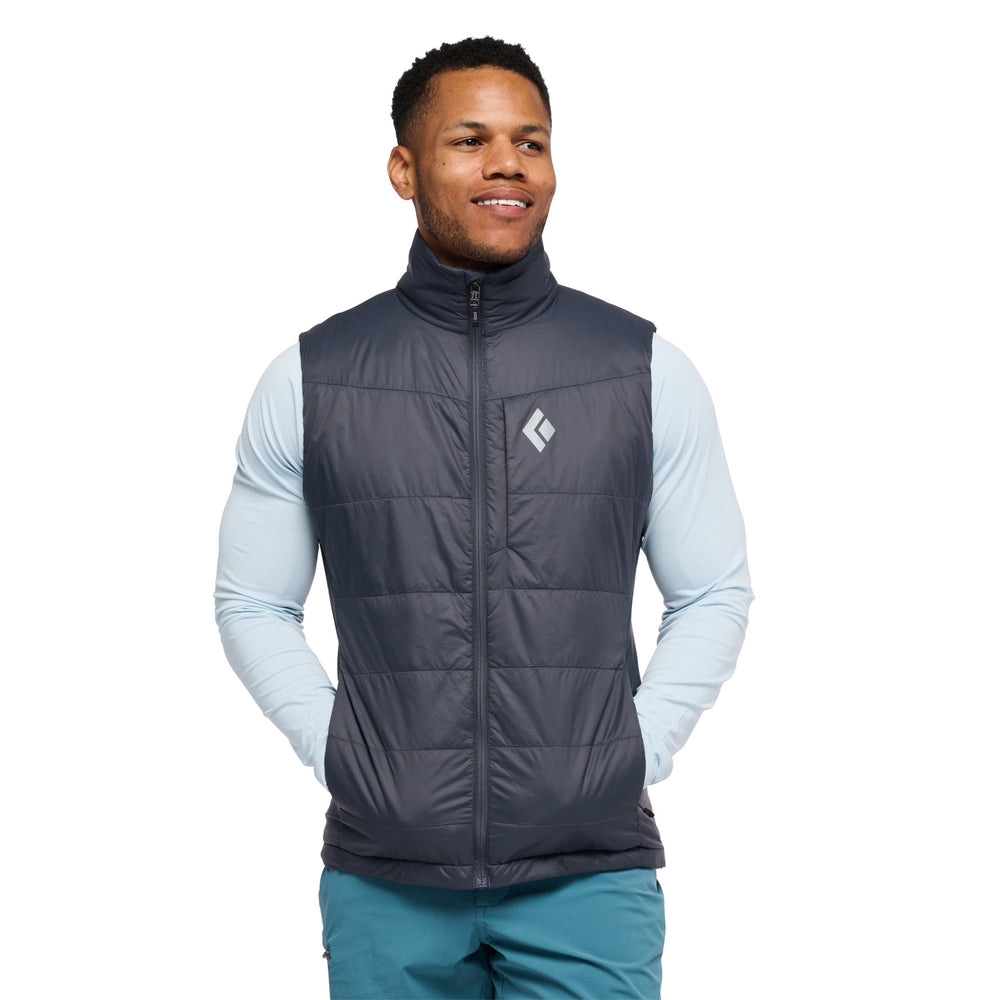 Black Diamond Men’s Solution 2.0 Vest with lightweight synthetic insulation, stretch-woven outer fabric, full-zip design, and athletic performance fit. charcoal grey
