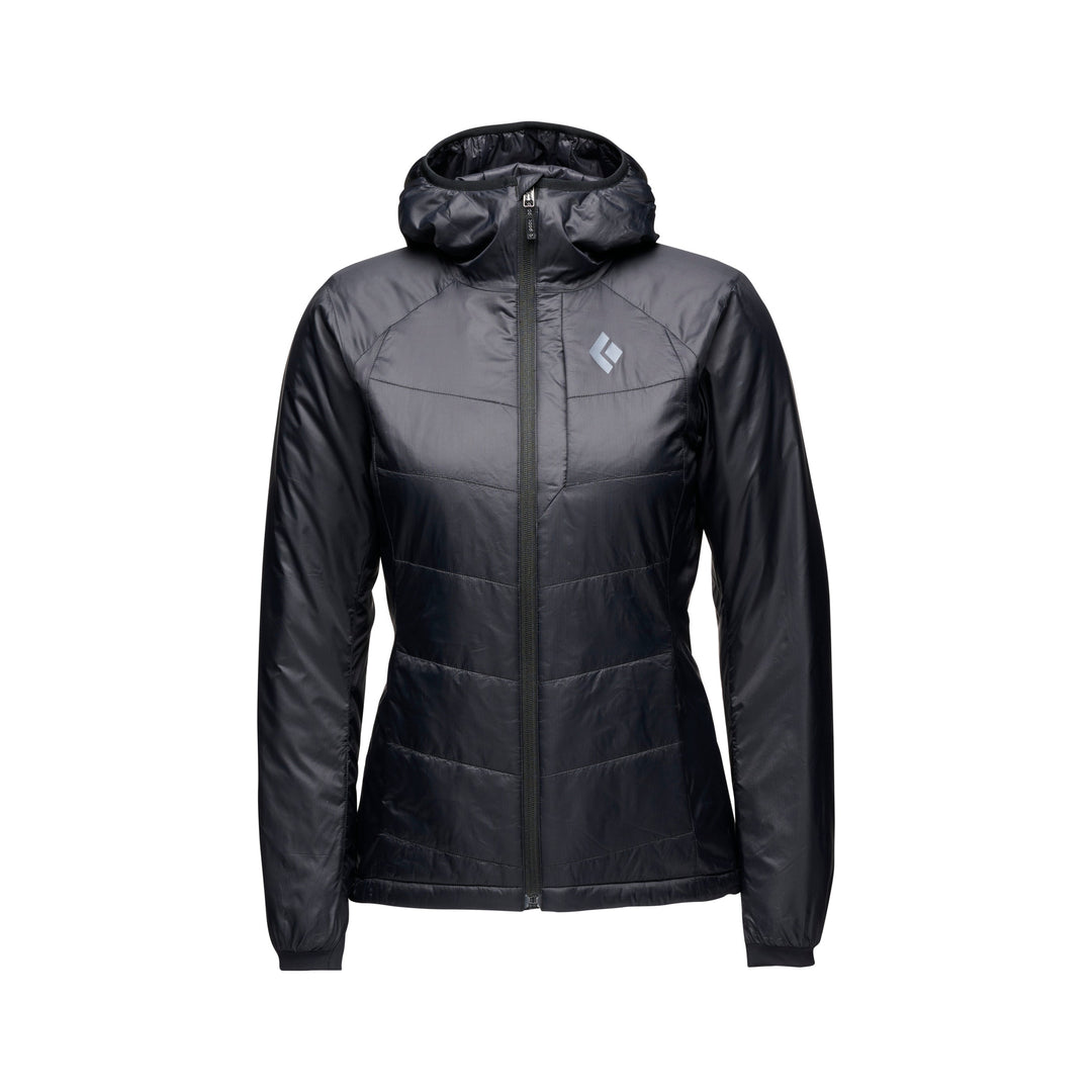 Black Diamond Women’s Solution Hoody with synthetic insulation, stretch-woven exterior, insulated hood, and women’s-specific performance fit.