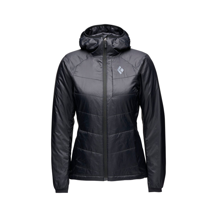 Black Diamond Women’s Solution Hoody with synthetic insulation, stretch-woven exterior, insulated hood, and women’s-specific performance fit.