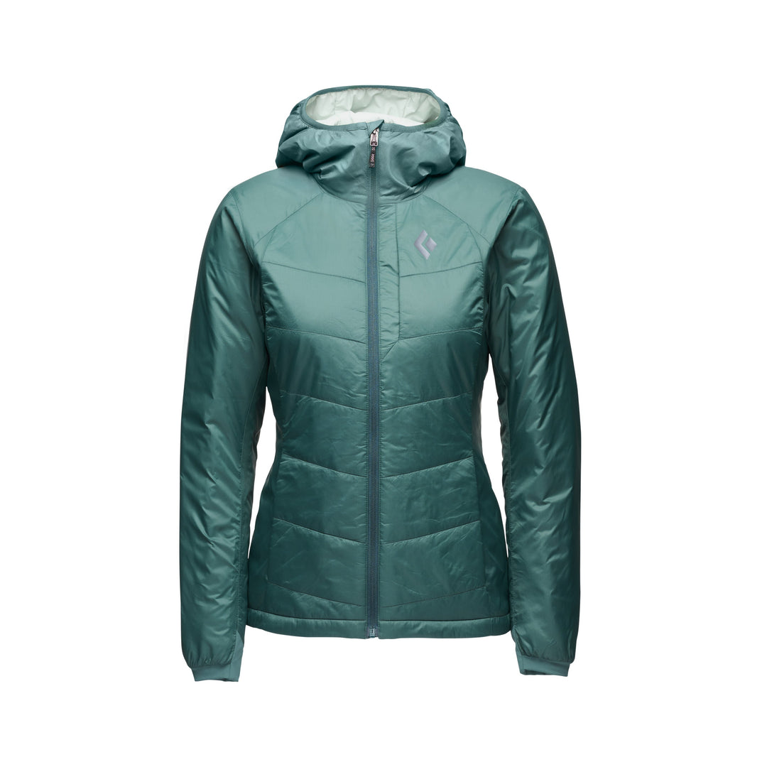 Black Diamond Women’s Solution Hoody with synthetic insulation, stretch-woven exterior, insulated hood, and women’s-specific performance fit. Deep woods