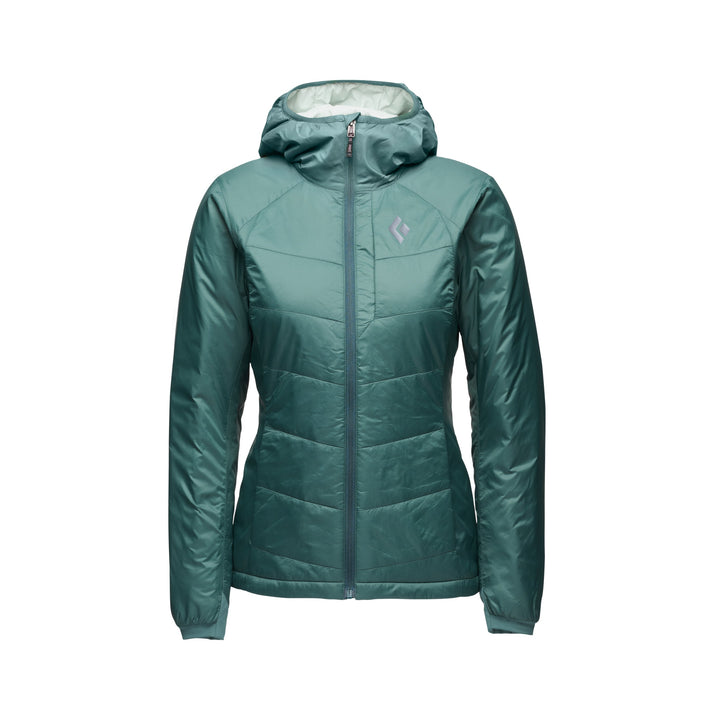 Black Diamond Women’s Solution Hoody with synthetic insulation, stretch-woven exterior, insulated hood, and women’s-specific performance fit. Deep woods