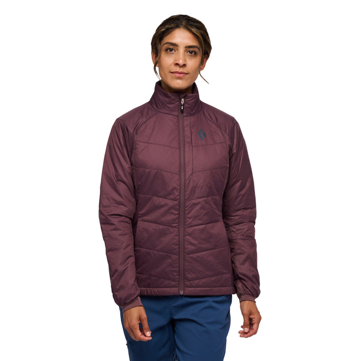 Black Diamond Women’s Solution 2.0 Jacket with synthetic insulation, stretch-woven outer fabric, full zip, and women’s-specific performance fit. Fig colour with model