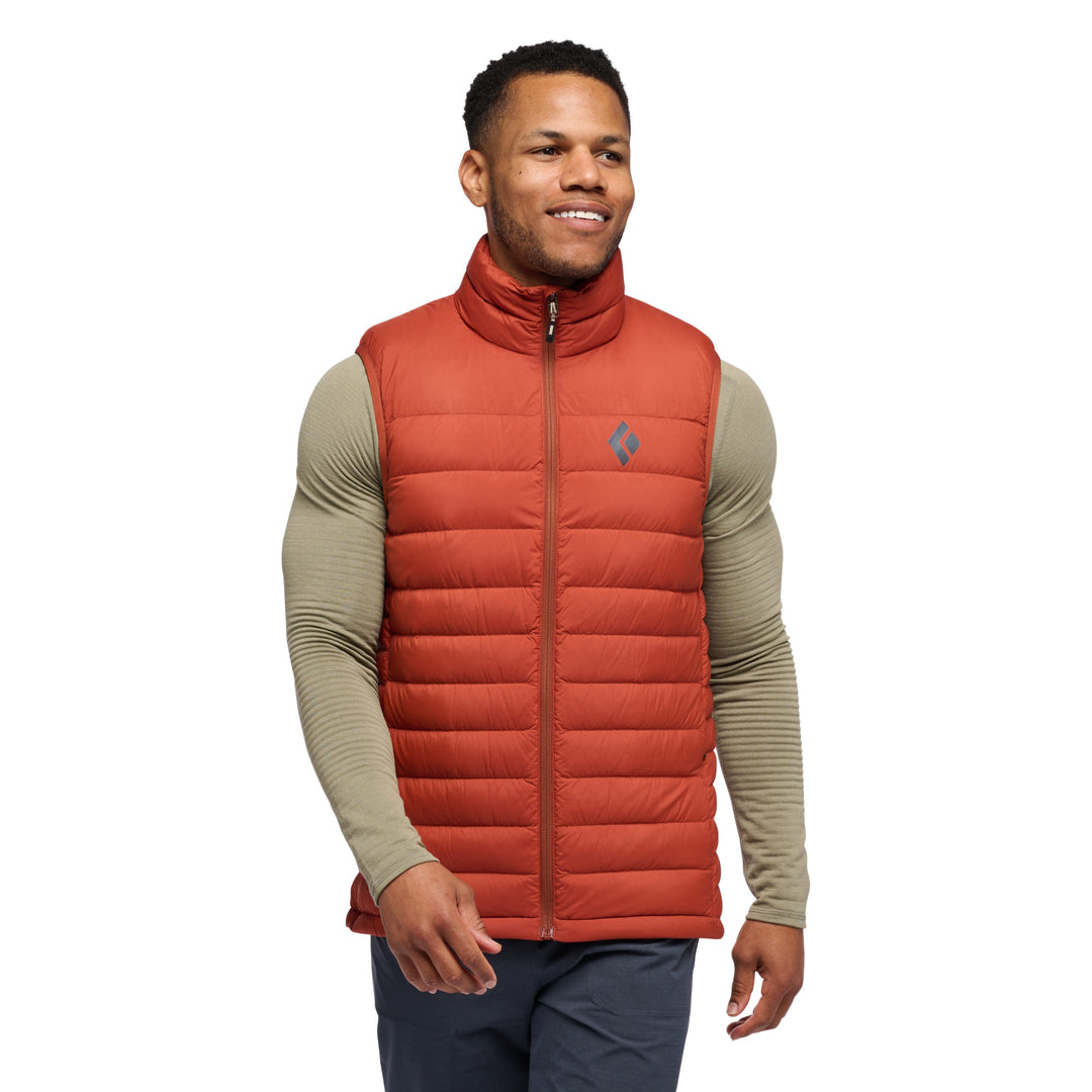 Black Diamond Men’s Access Down 2.0 Vest with lightweight down insulation, durable nylon shell, full-zip design, and athletic fit. burnt sienna