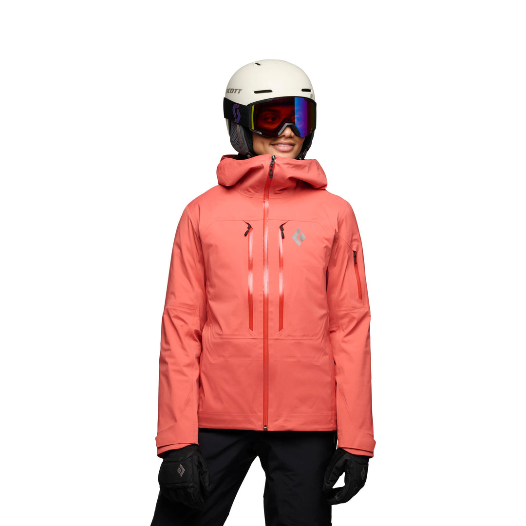 Black Diamond Women’s Recon LT Stretch Shell Jacket with BD.dry 3-layer waterproof membrane, four-way stretch fabric, pit zips, and women’s-specific alpine fit. with model