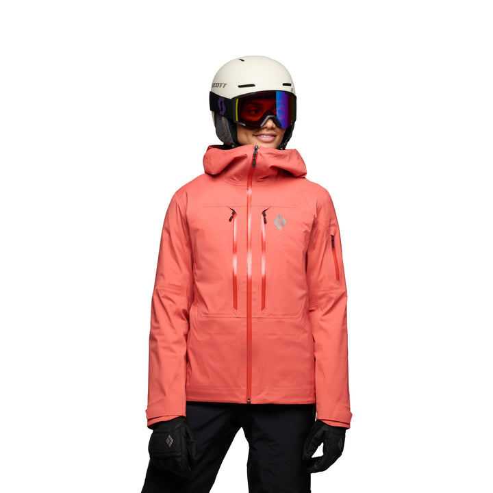Black Diamond Women’s Recon LT Stretch Shell Jacket with BD.dry 3-layer waterproof membrane, four-way stretch fabric, pit zips, and women’s-specific alpine fit. with model