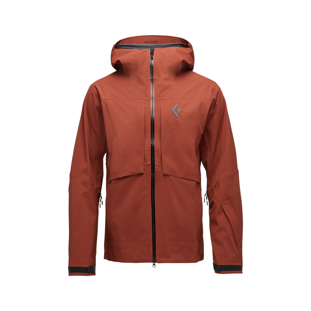 Black Diamond Men’s Factor Shell with GORE-TEX 3-layer waterproof membrane, pit zips, helmet-compatible hood, and men’s articulated fit. Iron red