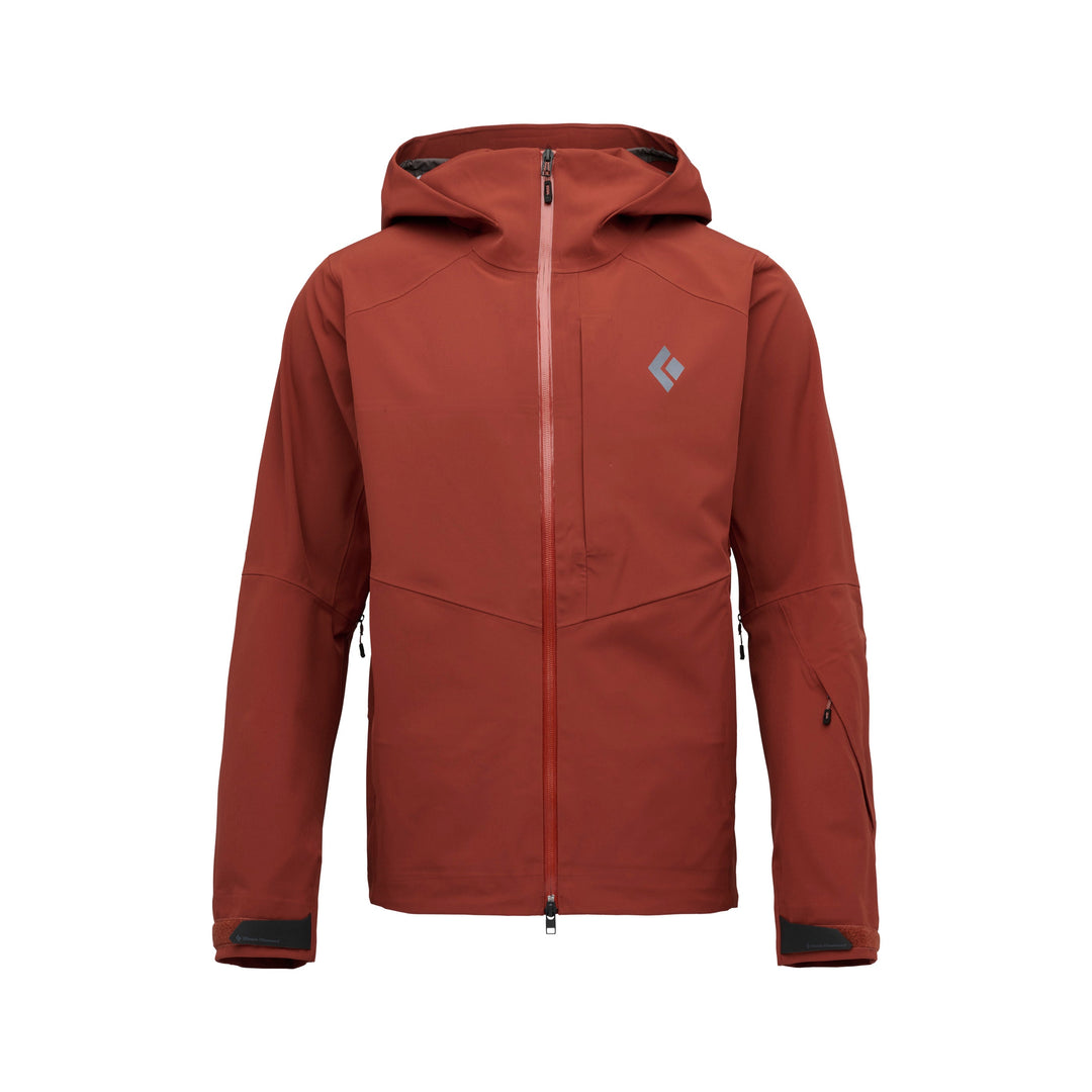 Black Diamond Men’s Recon Stretch Shell Jacket with BD.dry 3-layer waterproof fabric, stretch construction, pit zips, and men’s articulated fit. Iron Red