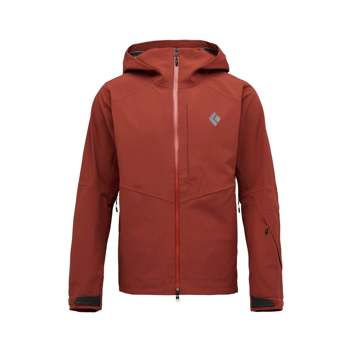 Black Diamond Men’s Recon Stretch Shell Jacket with BD.dry 3-layer waterproof fabric, stretch construction, pit zips, and men’s articulated fit. Iron Red