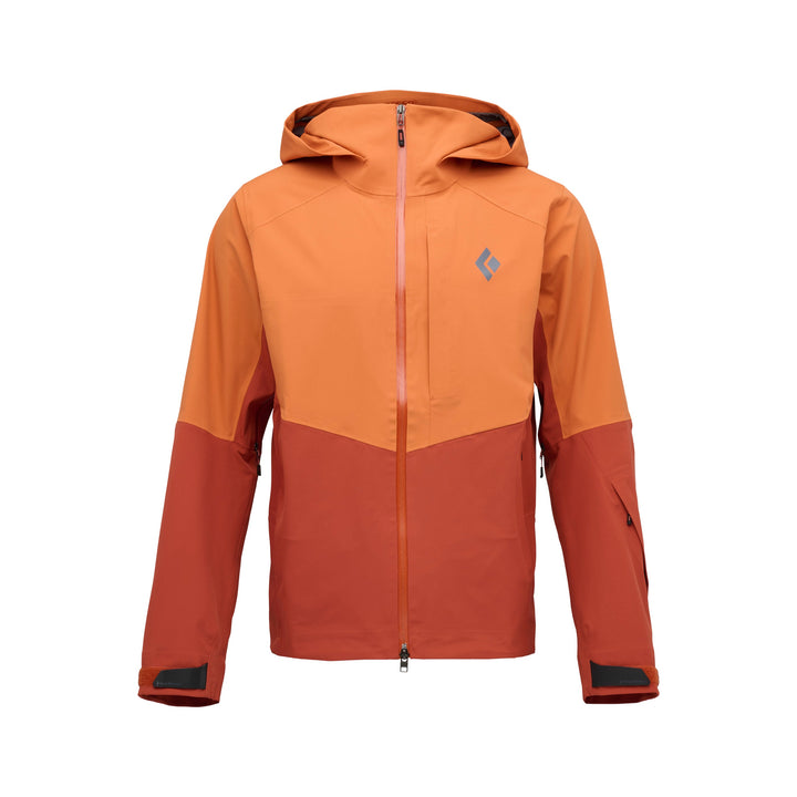 Black Diamond Men’s Recon Stretch Shell Jacket with BD.dry 3-layer waterproof fabric, stretch construction, pit zips, and men’s articulated fit. Saffron Burnt Sienna