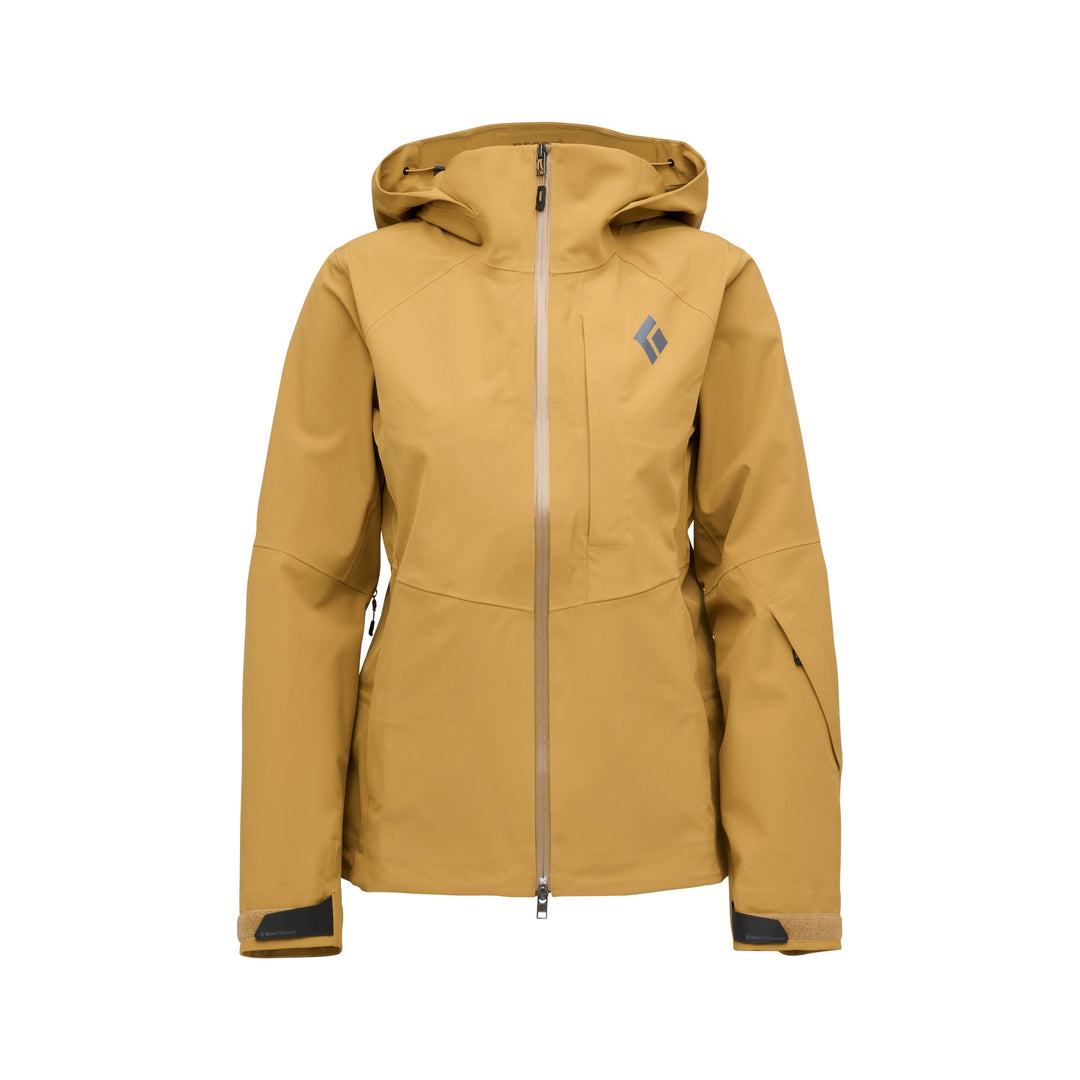 Black Diamond Women’s Recon Stretch Shell Jacket with BD.dry 3-layer waterproof membrane, mechanical stretch fabric, pit zips, and women’s-specific fit.