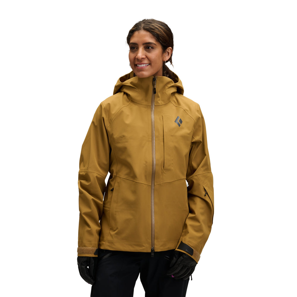 Black Diamond Women’s Recon Stretch Shell Jacket with BD.dry 3-layer waterproof membrane, mechanical stretch fabric, pit zips, and women’s-specific fit. with model