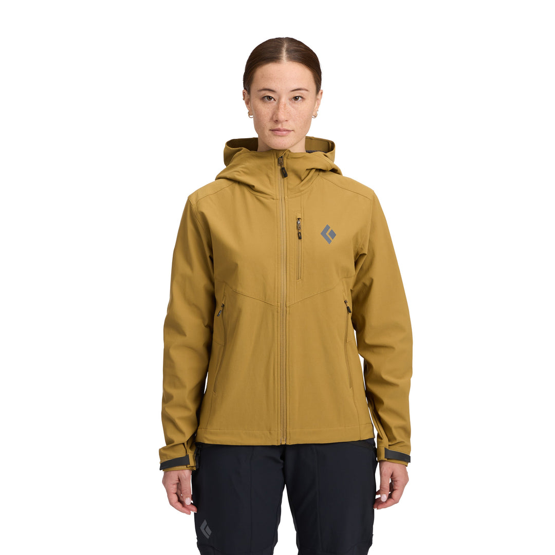 Black Diamond Women’s Dawn Patrol Softshell Jacket with breathable double-weave fabric, helmet-compatible hood, and women’s athletic fit. front view