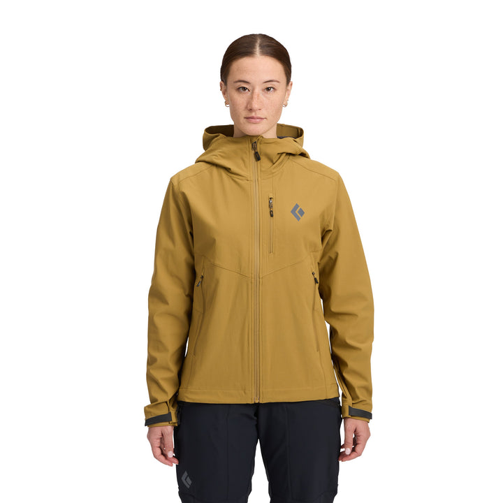 Black Diamond Women’s Dawn Patrol Softshell Jacket with breathable double-weave fabric, helmet-compatible hood, and women’s athletic fit. front view