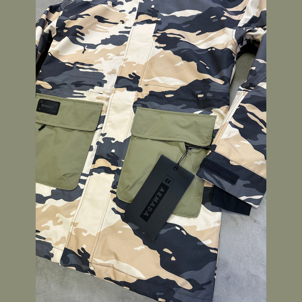 close up of Armada Lunara 2L Insulated Jacket with waterproof shell, mapped insulation, adjustable hood, and powder skirt.