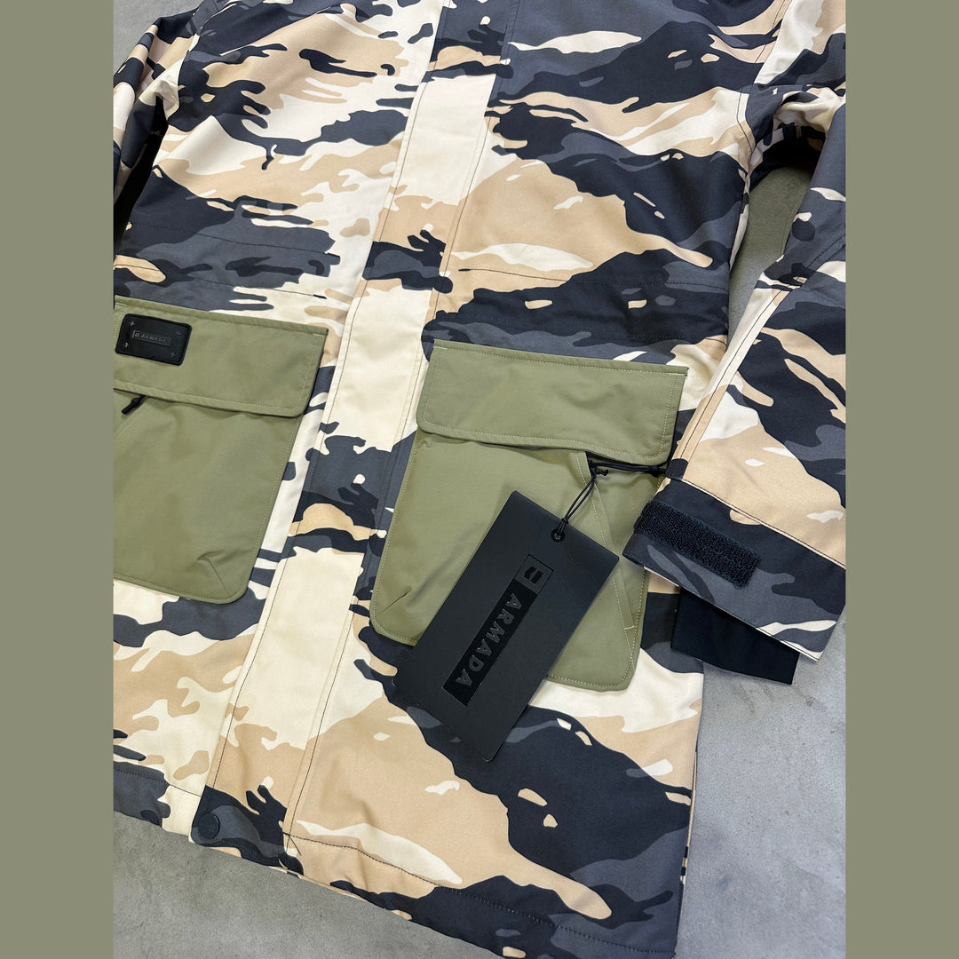 close up of Armada Lunara 2L Insulated Jacket with waterproof shell, mapped insulation, adjustable hood, and powder skirt.