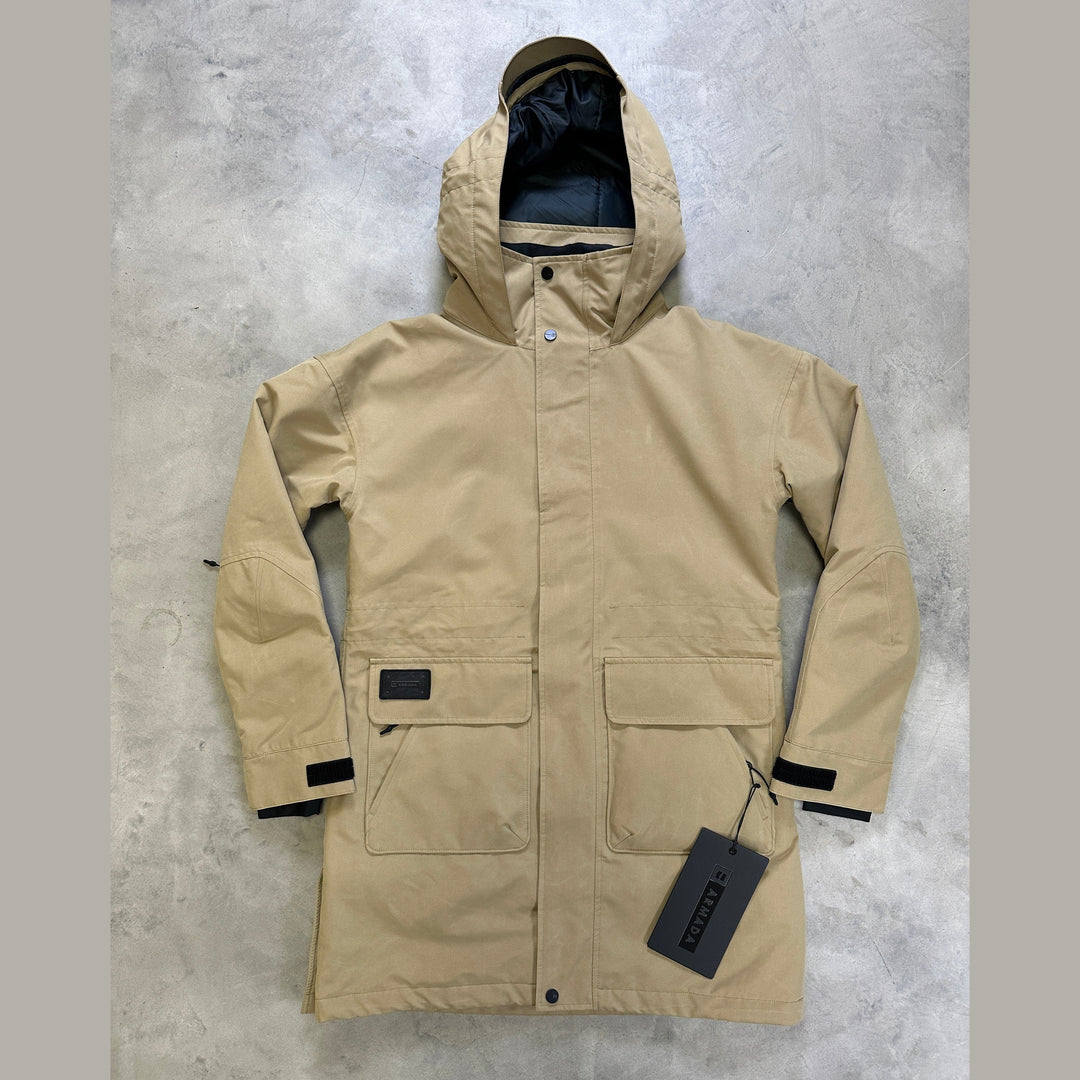 Khaki Armada Lunara 2L Insulated Jacket with waterproof shell, mapped insulation, adjustable hood, and powder skirt.