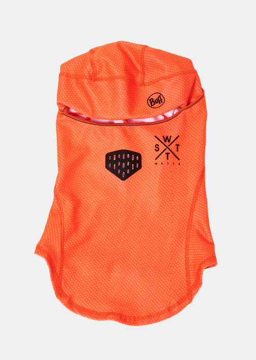Orange dog vest with black logo on a white background