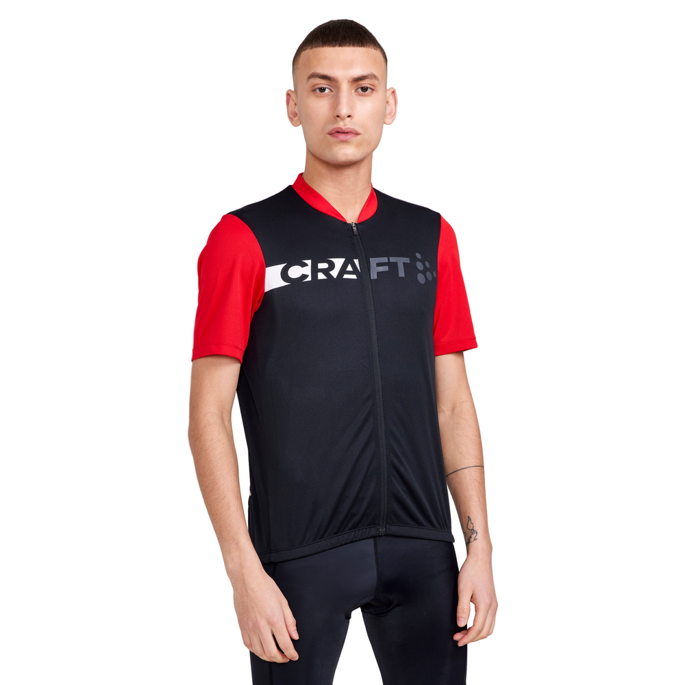 Men’s black Core Endur Logo cycling jersey with three rear pockets and recycled polyester construction.