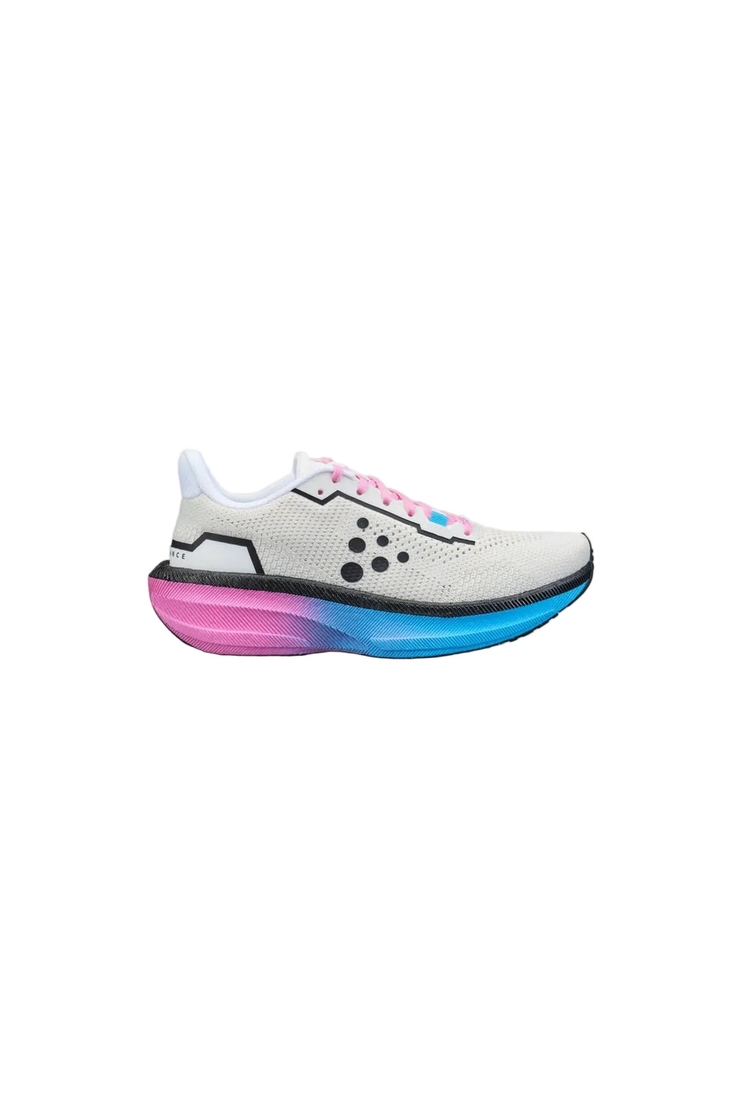 White running shoe with pink and blue sole on a white background