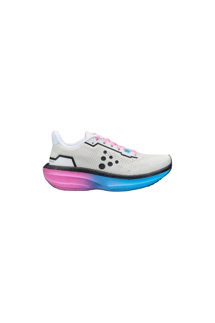 White running shoe with pink and blue sole on a white background