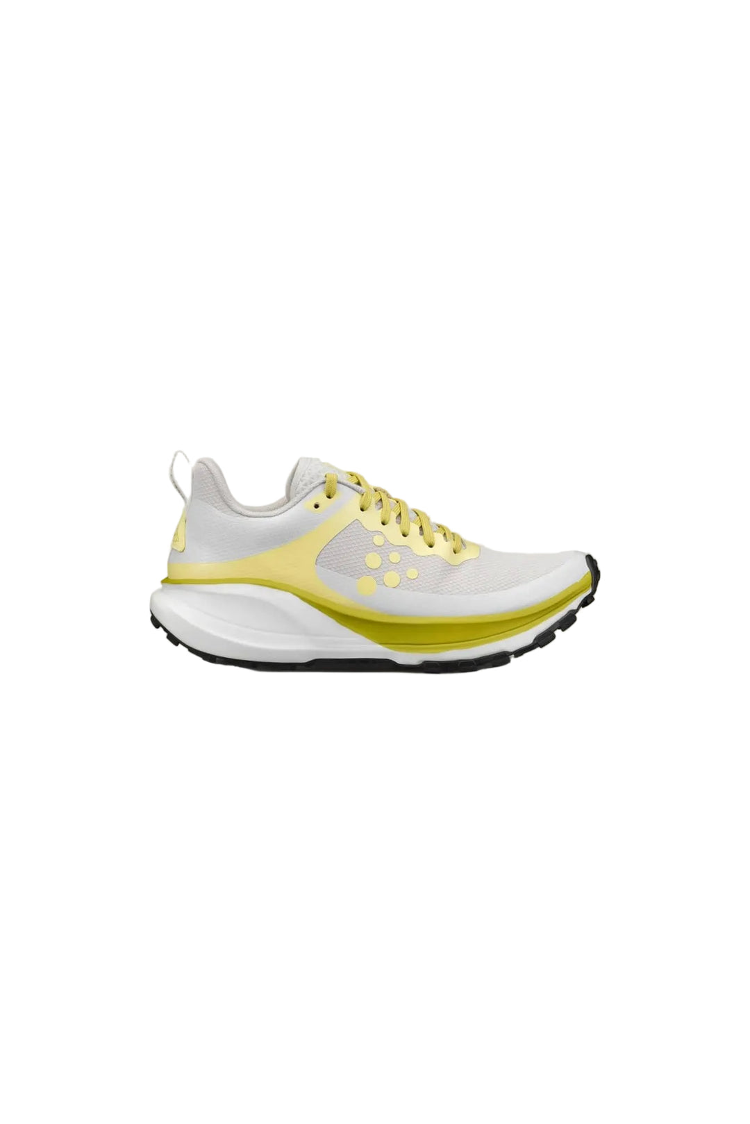 White and yellow running shoe on a white backgroud