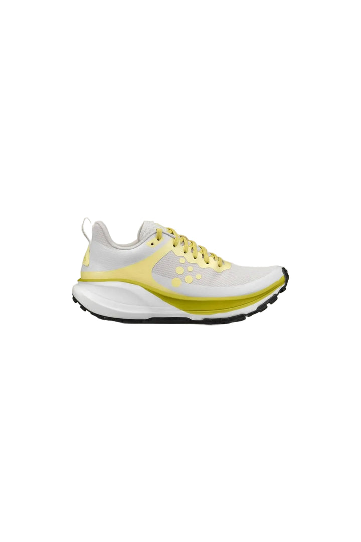 White and yellow running shoe on a white backgroud