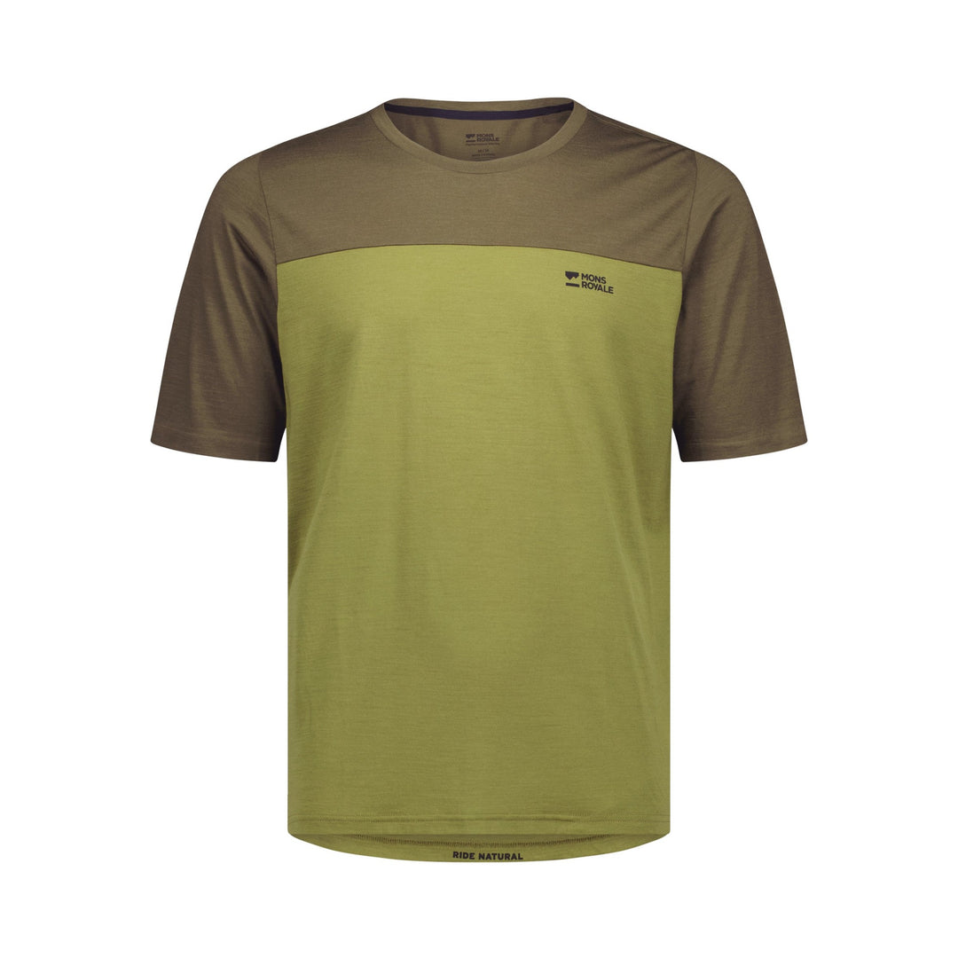 Two-tone green and brown t-shirt on a white background
