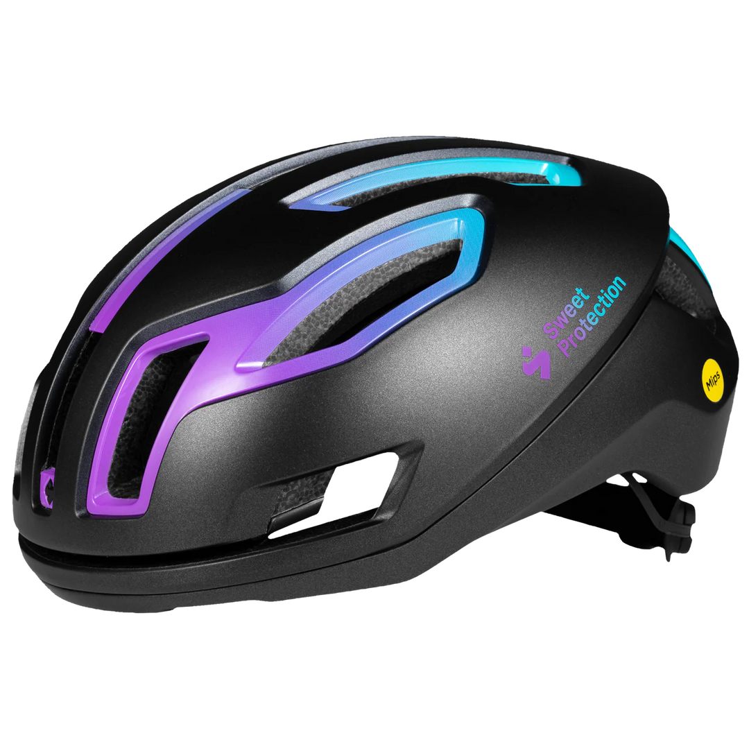 Black helmet with purple and blue accents on a white background
