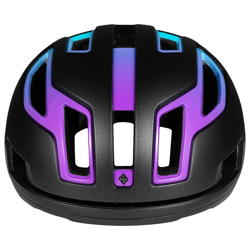 Black helmet with purple and blue accents on a white background