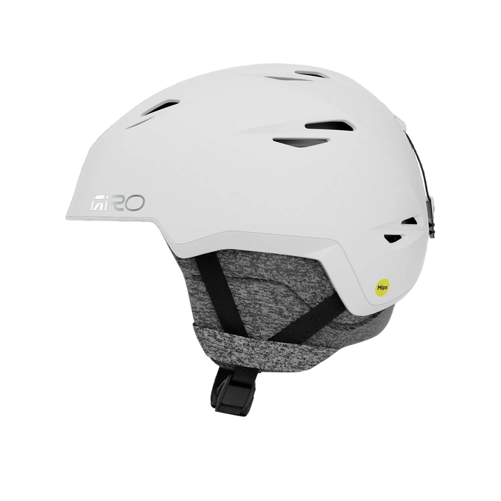 Side view of Giro Envi Spherical Helmet Matte White with vents and magnetic buckle.