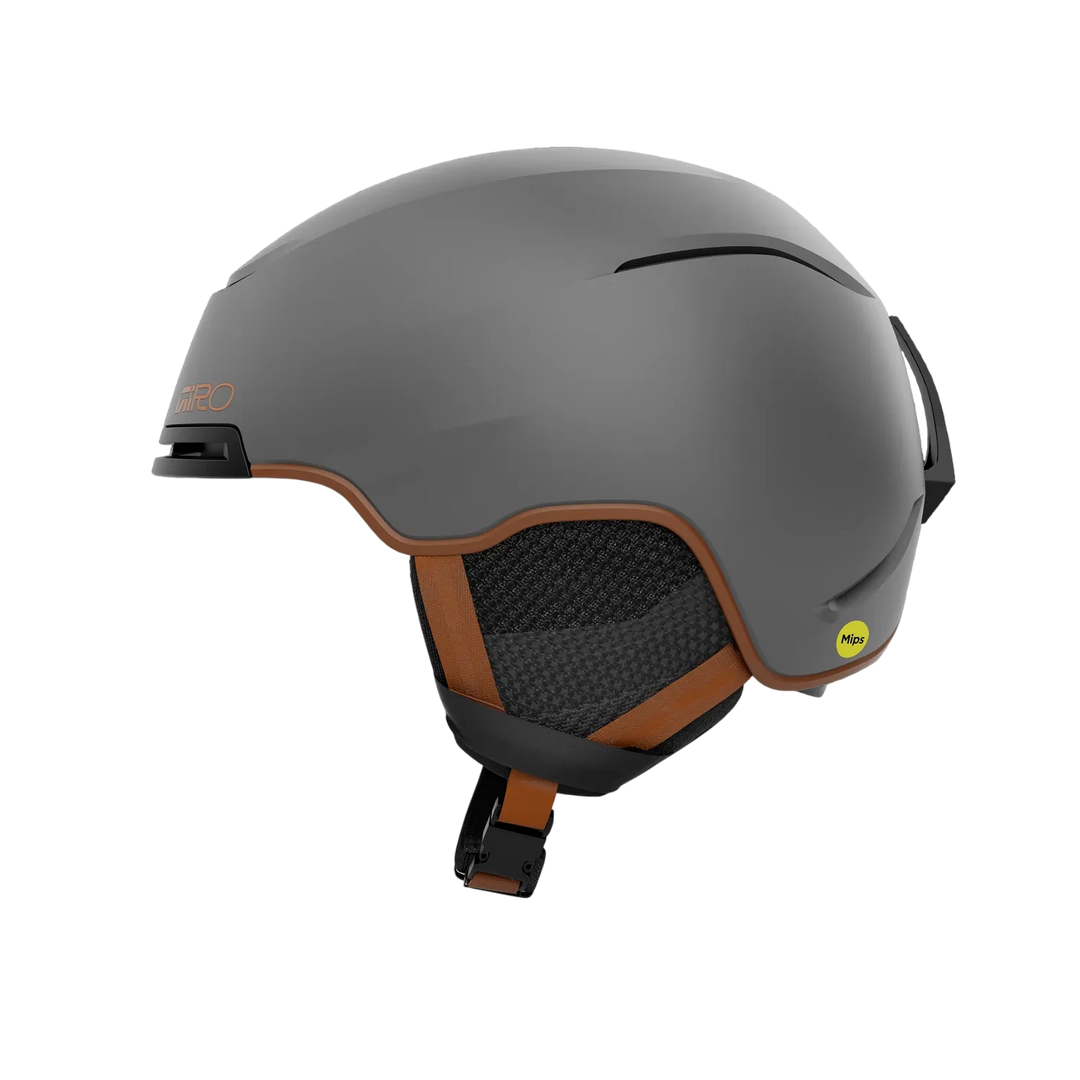 Side view of Giro Jackson MIPS Helmet Matte Metallic Coal/Tan showing vents and fit dial