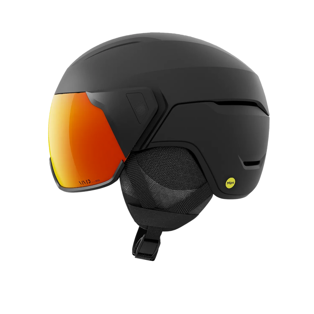 Side view of Giro Orbit Spherical Helmet showing Vivid Ember shield and fit dial.