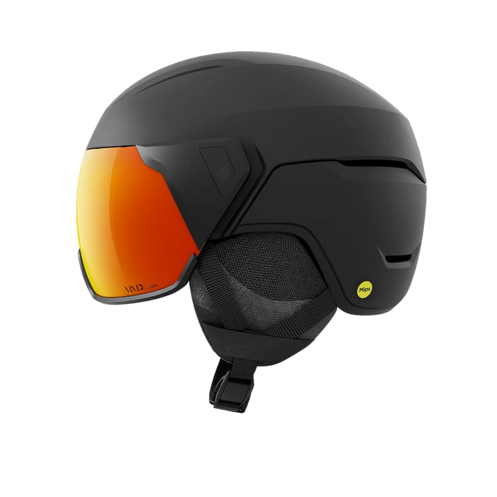 Side view of Giro Orbit Spherical Helmet showing Vivid Ember shield and fit dial.